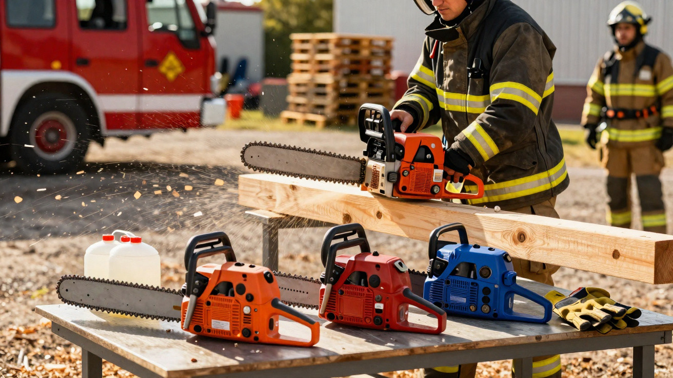 Bombeiros operam motosserra para cortar madeira com camião de incêndio ao fundo.