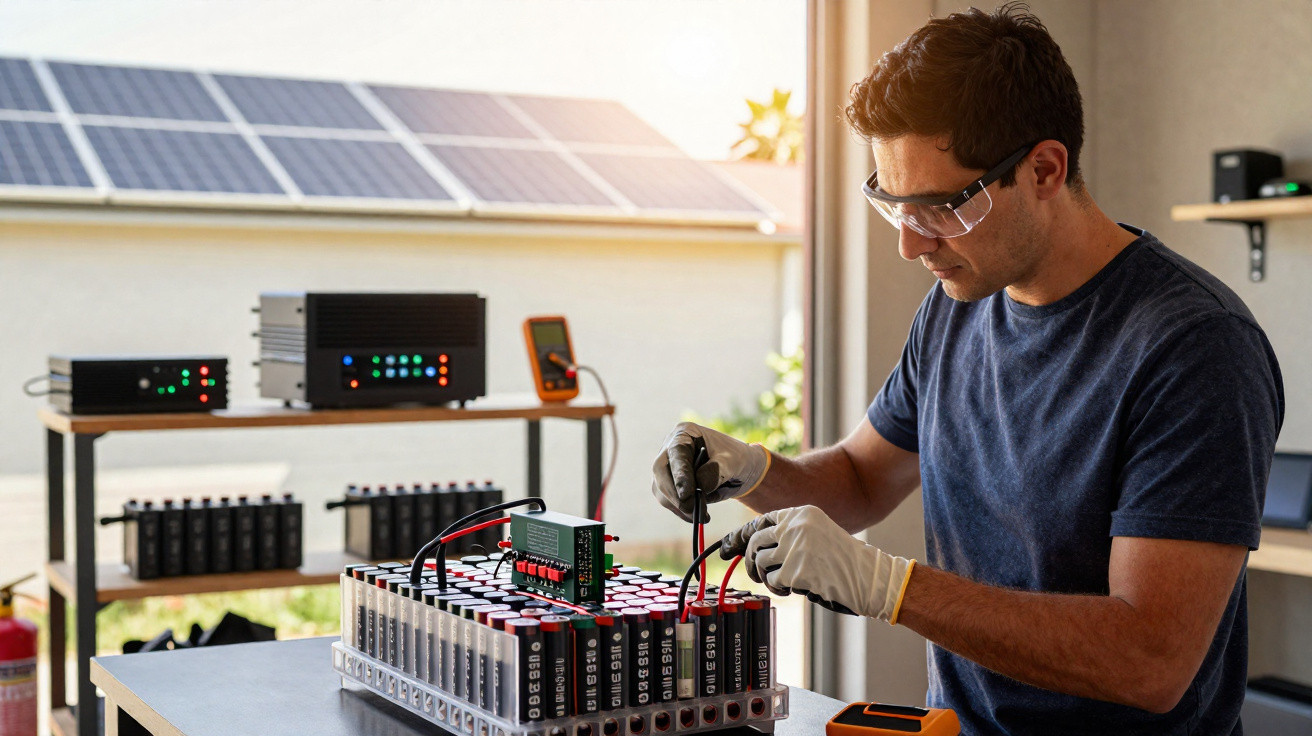 Homem a trabalhar com baterias e equipamentos eletrónicos num laboratório com painéis solares ao fundo.