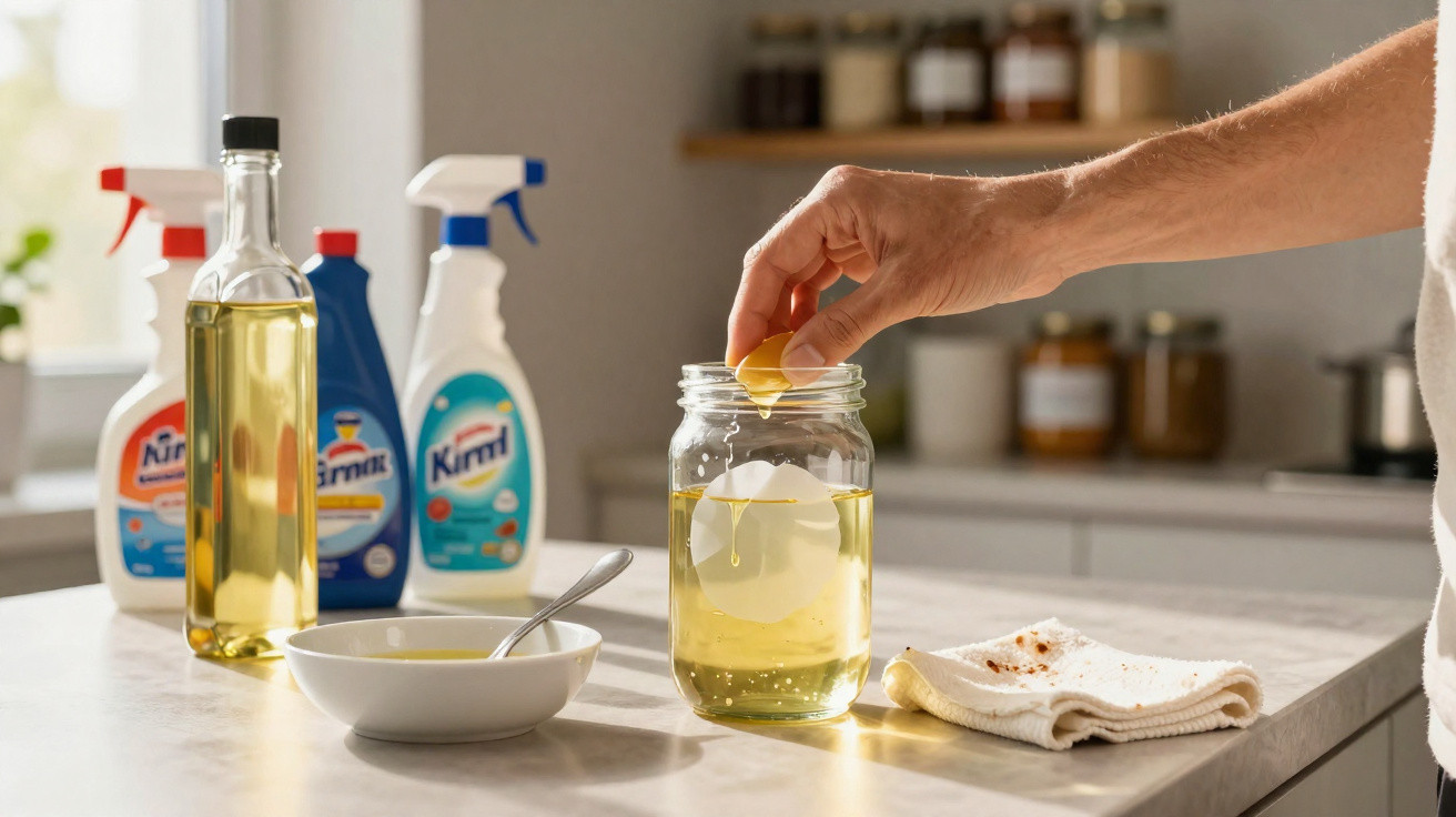 Mão a espremer meio limão num frasco com líquido amarelo, lado de produtos de limpeza e tigela com colher.