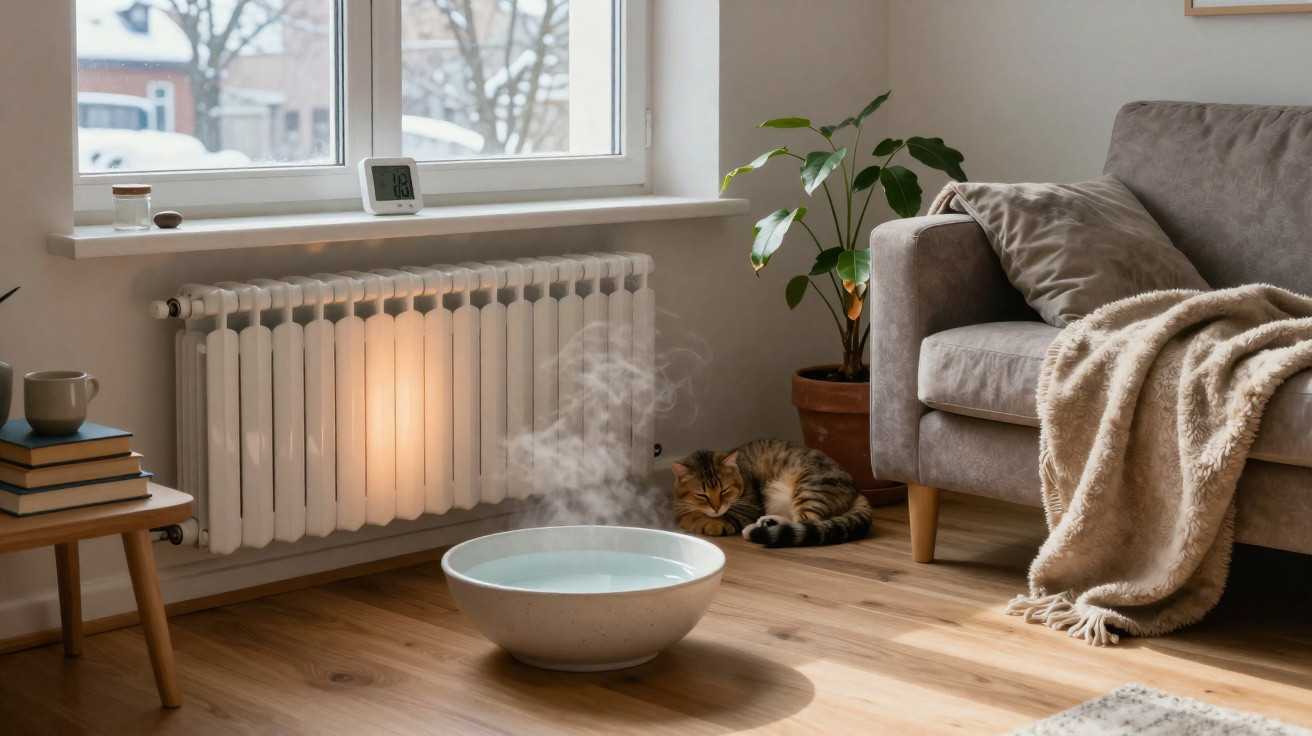 Sala acolhedora com aquecedor, gato a dormir, planta, sofá cinza e taça de água quente a evaporar no chão.