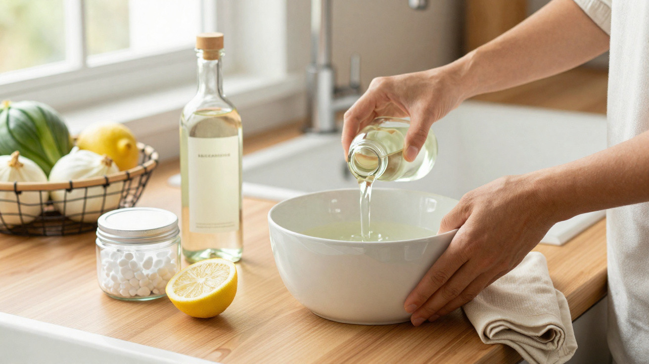 Mãos a deitar líquido de garrafa transparente em tigela branca numa bancada com limão e ingredientes variados.