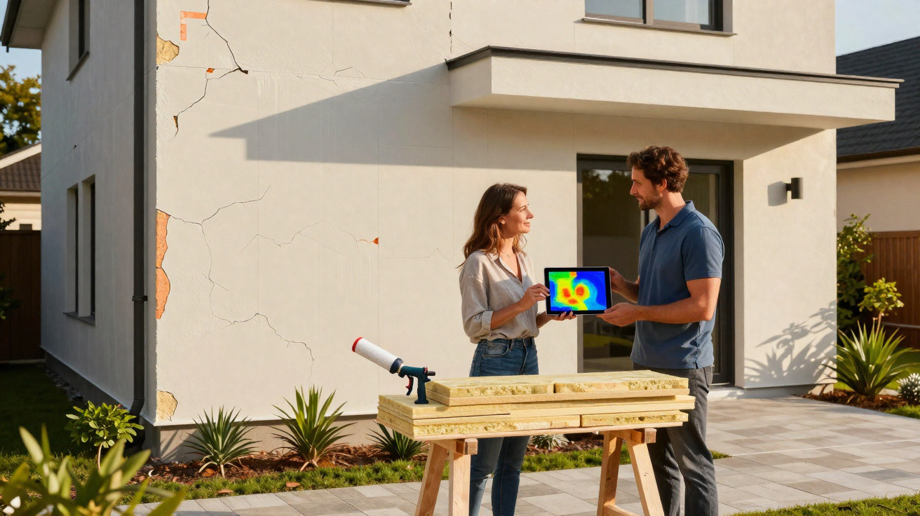 Casal frente a casa com fissuras, analisando mapa térmico na tela de um tablet.
