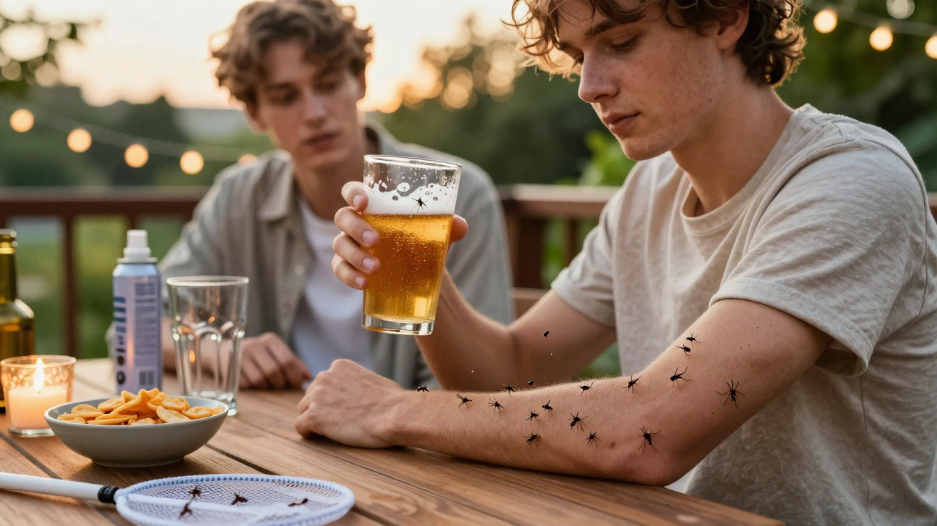 Homem a segurar copo de cerveja enquanto é picado por vários mosquitos no braço durante convívio ao ar livre.