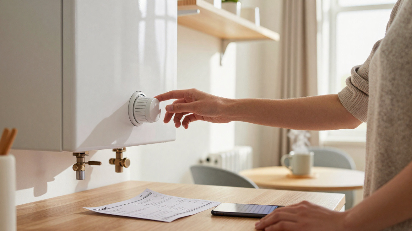 Pessoa ajusta termóstato de aquecedor de água numa cozinha iluminada, com fatura e telemóvel na bancada.