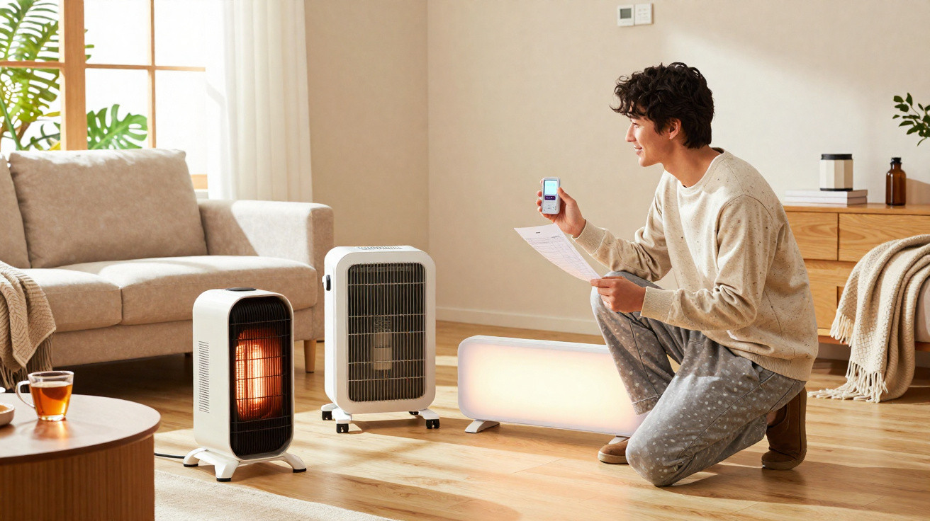 Homem ajoelhado a controlar aquecedor elétrico num ambiente acolhedor com sofá e luz suave.