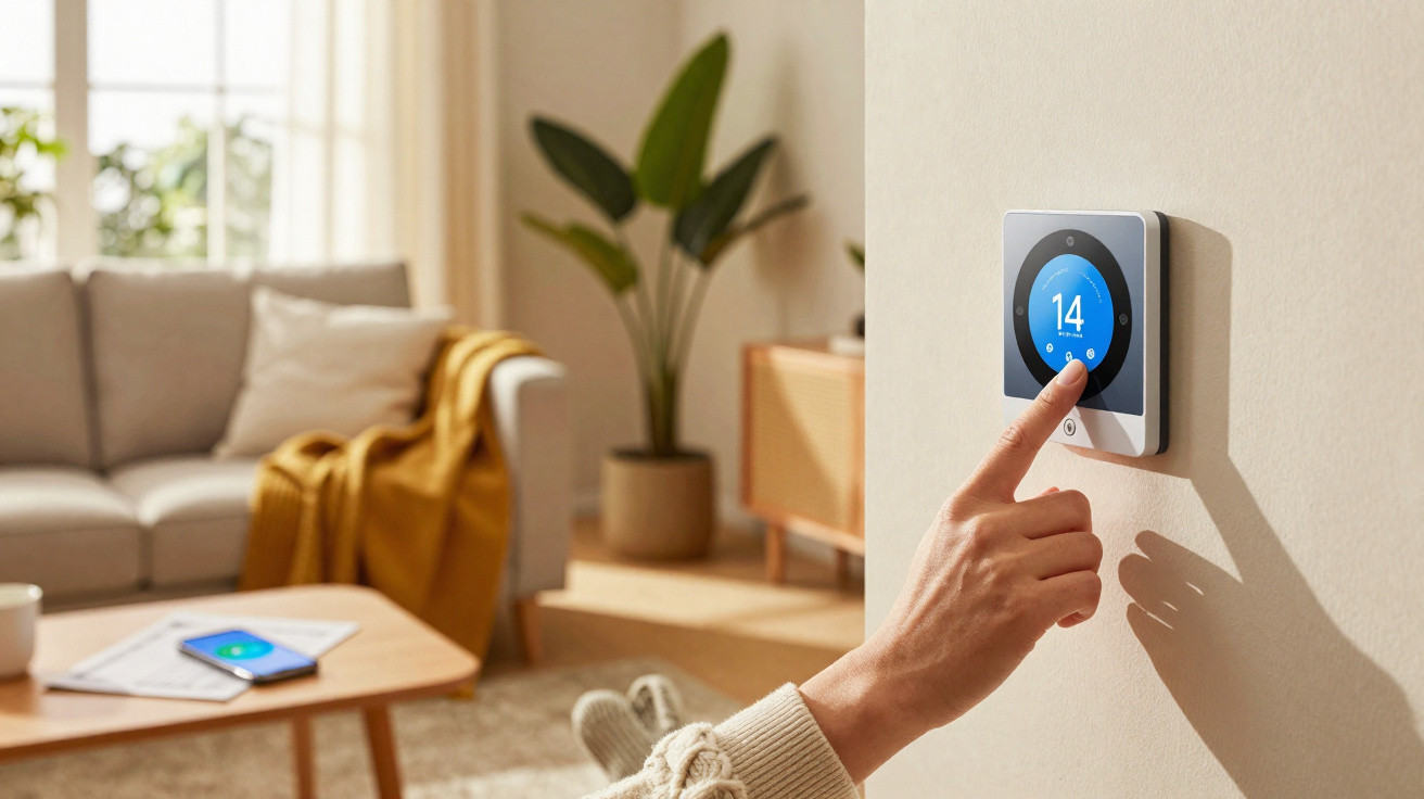 Mão ajusta termóstato digital na parede com sala de estar e sofá ao fundo, decorada e iluminada.