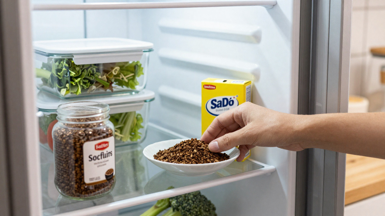 Mão a colocar cereais numa taça dentro de um frigorífico com legumes e uma caixa SaDó.