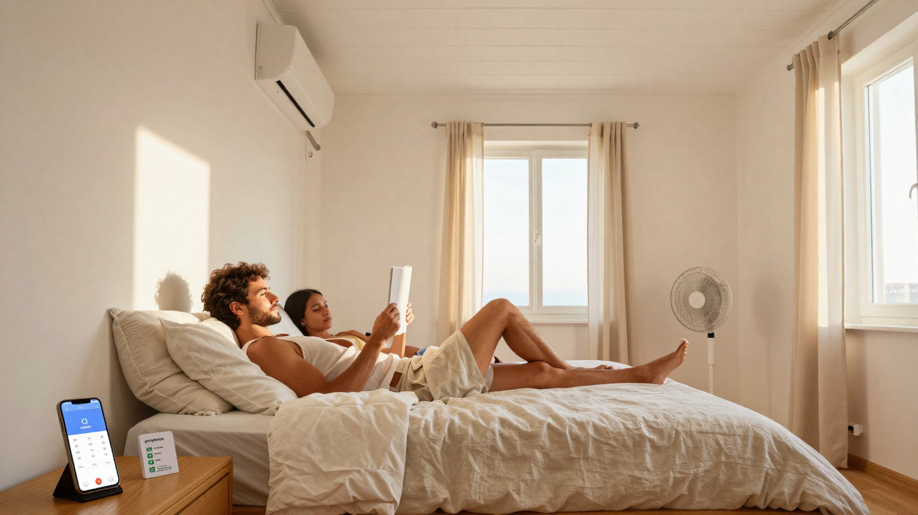 Casal deitado numa cama branca em quarto minimalista, ambos a relaxar e a ler, com luz natural.