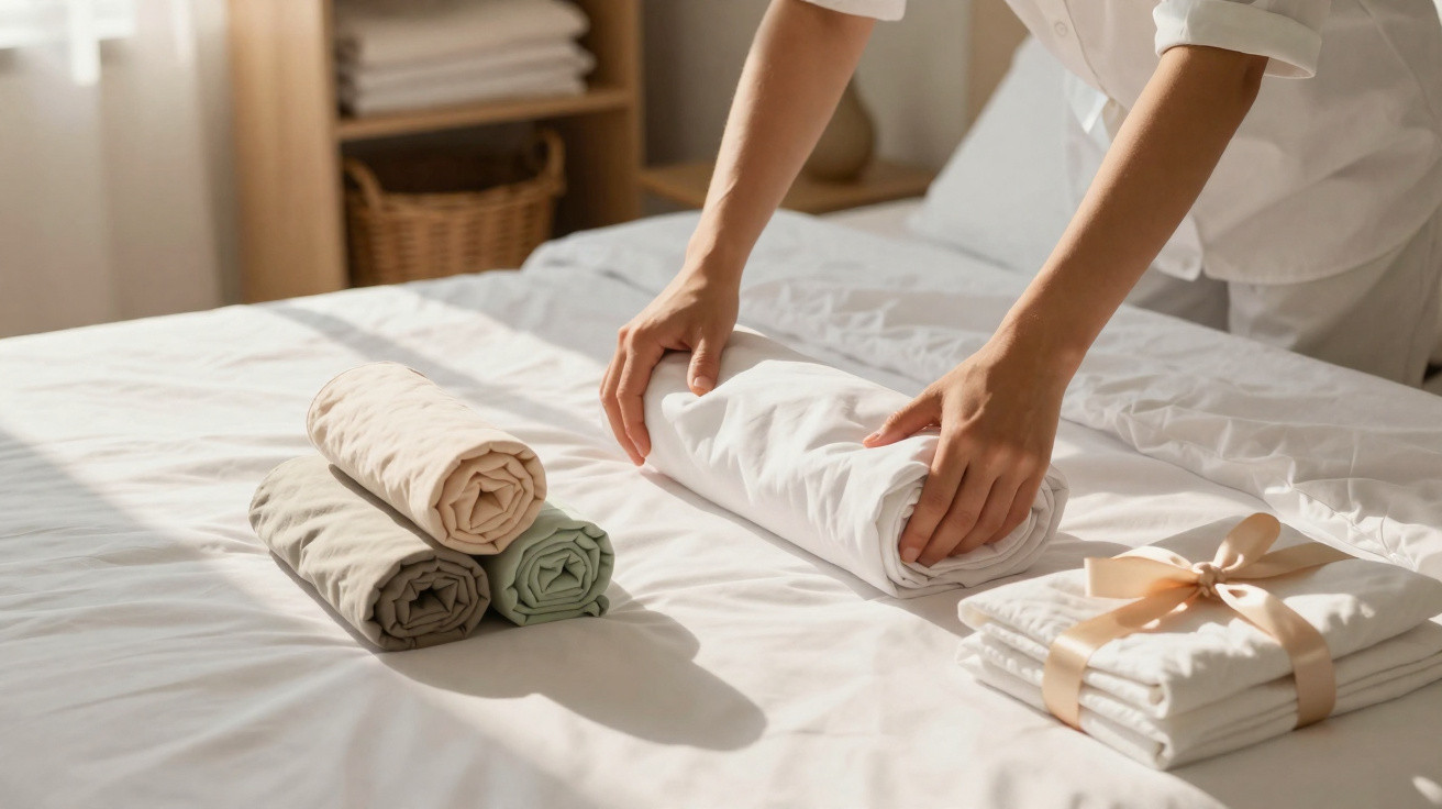 Pessoa a enrolar lençóis brancos numa cama com toalhas dobradas e cesta decorativa ao fundo.