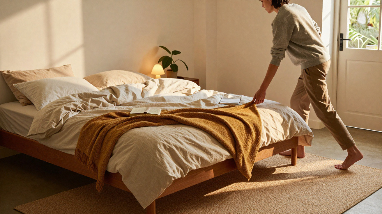 Pessoa a arrumar uma cama com lençóis claros e manta castanha em quarto iluminado pela luz natural
