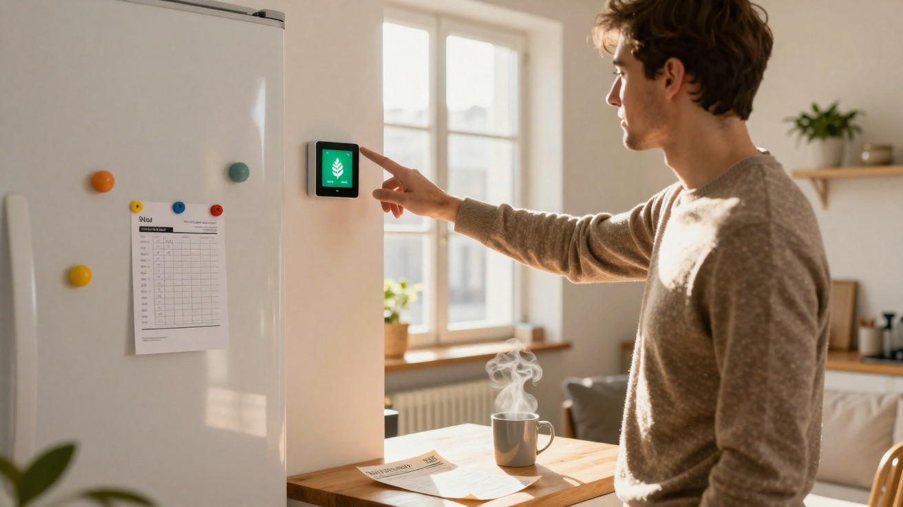 Homem ajusta termostato digital numa cozinha iluminada com luz natural pela janela.