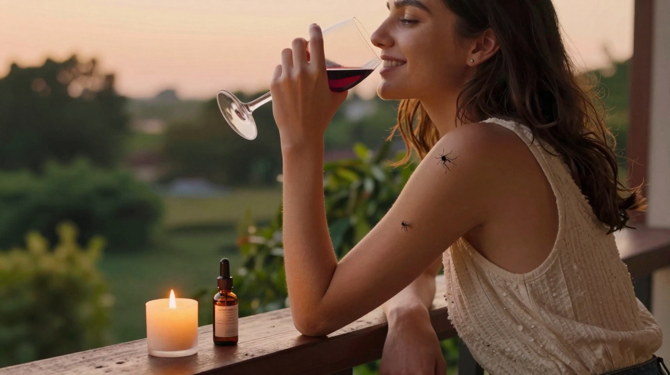 Mulher a beber vinho tinto no varandim ao entardecer com vela acesa e inseticida contra mosquitos.