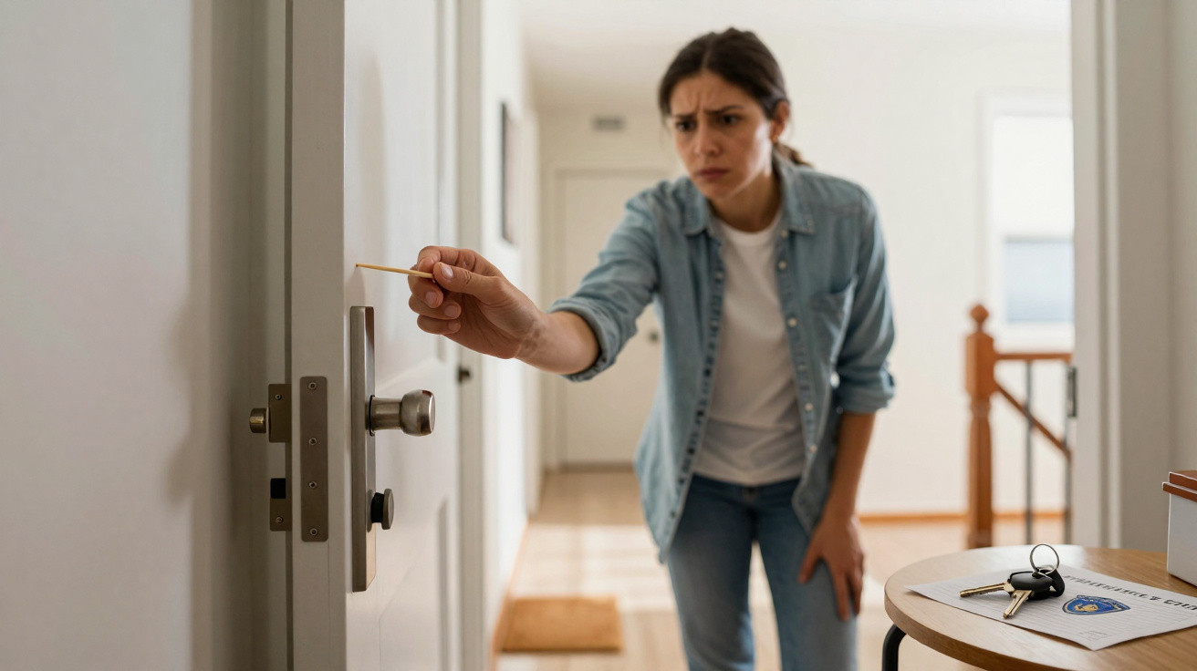 Mulher focada a usar um palito para tentar abrir uma fechadura numa porta interior de uma casa.