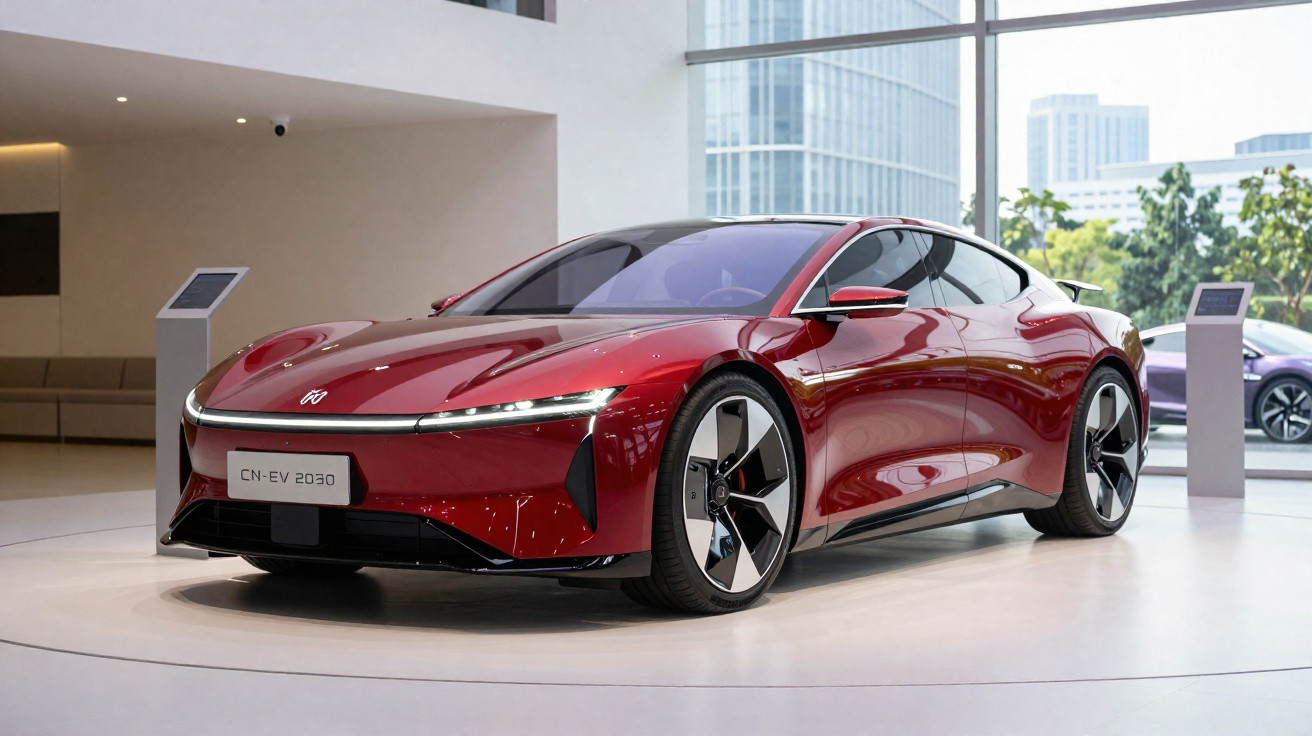 Carro elétrico desportivo vermelho exposto em ambiente moderno com grandes janelas e edifícios ao fundo.