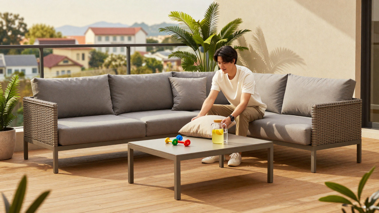 Pessoa sentada num sofá cinzento num terraço com mesa baixa e jarra de limonada.
