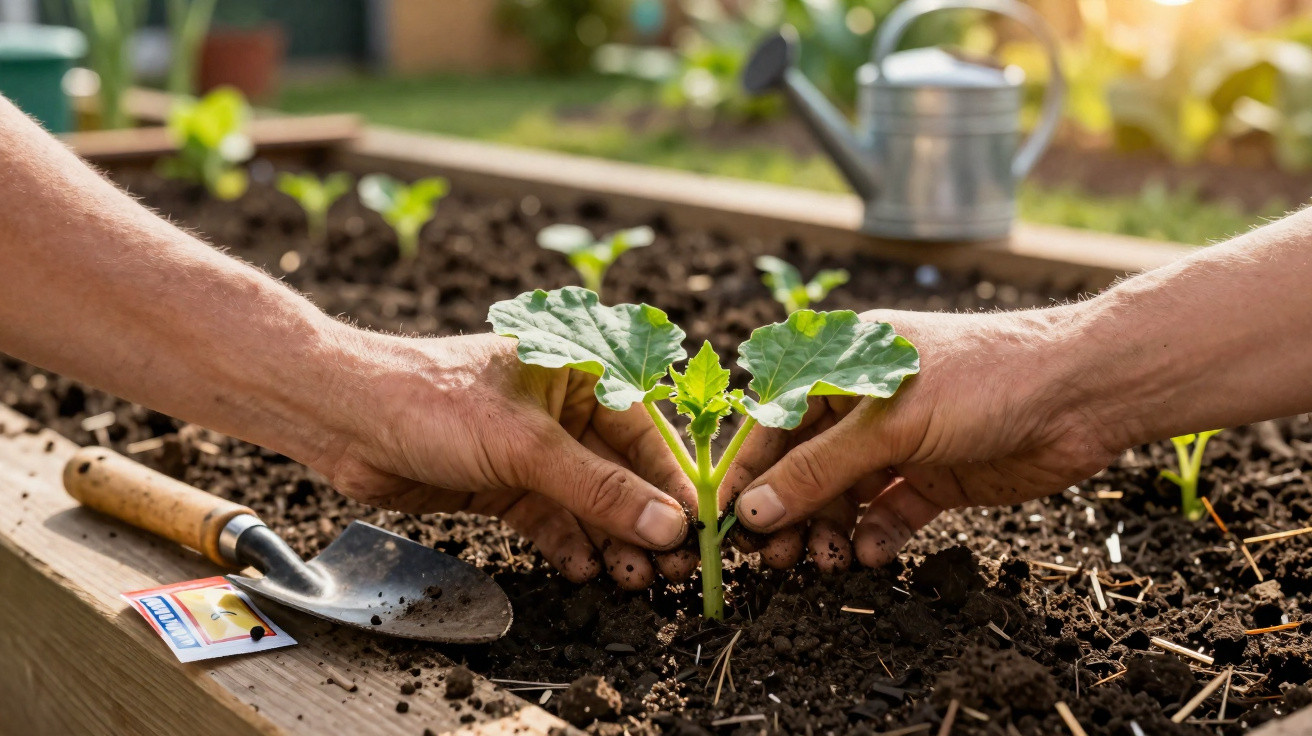 Mãos a plantar uma muda verde em canteiro de terra, com enxada e regador ao fundo.