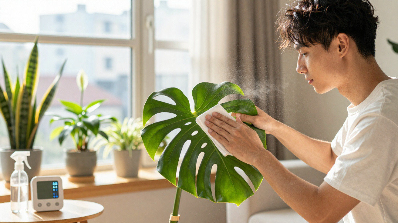 Pessoa a limpar a folha de uma planta Monstera num ambiente interior com luz natural.