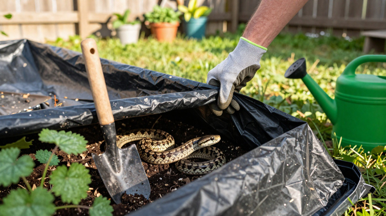 Mão com luva abre saco preto com terra onde está uma cobra enrolada num jardim.