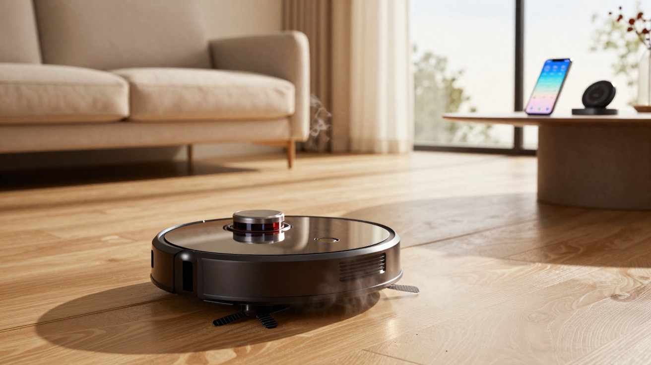 Aspirador robot a limpar chão de madeira numa sala com sofá e mesa baixa com telemóvel.