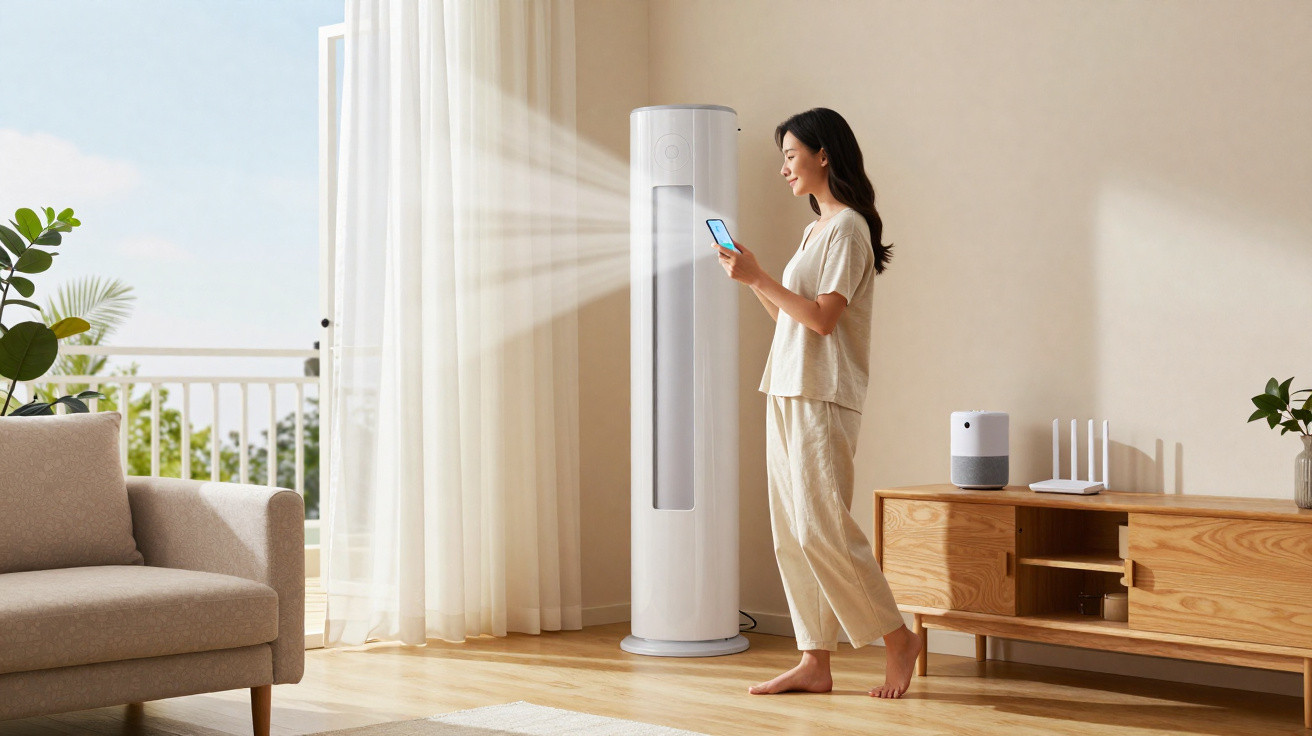 Mulher controlando ar condicionado vertical moderno com telemóvel numa sala luminosa e minimalista.