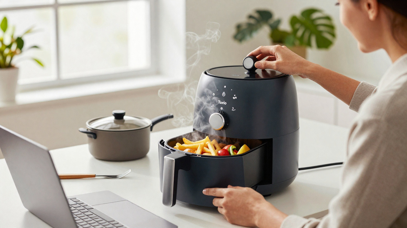 Pessoa a retirar batatas fritas quentes de uma fritadeira sem óleo numa cozinha moderna.