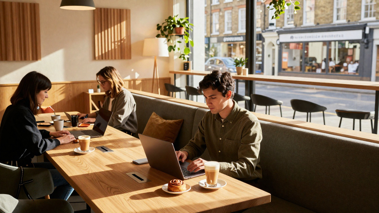 Três pessoas a trabalhar em computadores portáteis numa cafeteria iluminada pelo sol com vista para a rua.