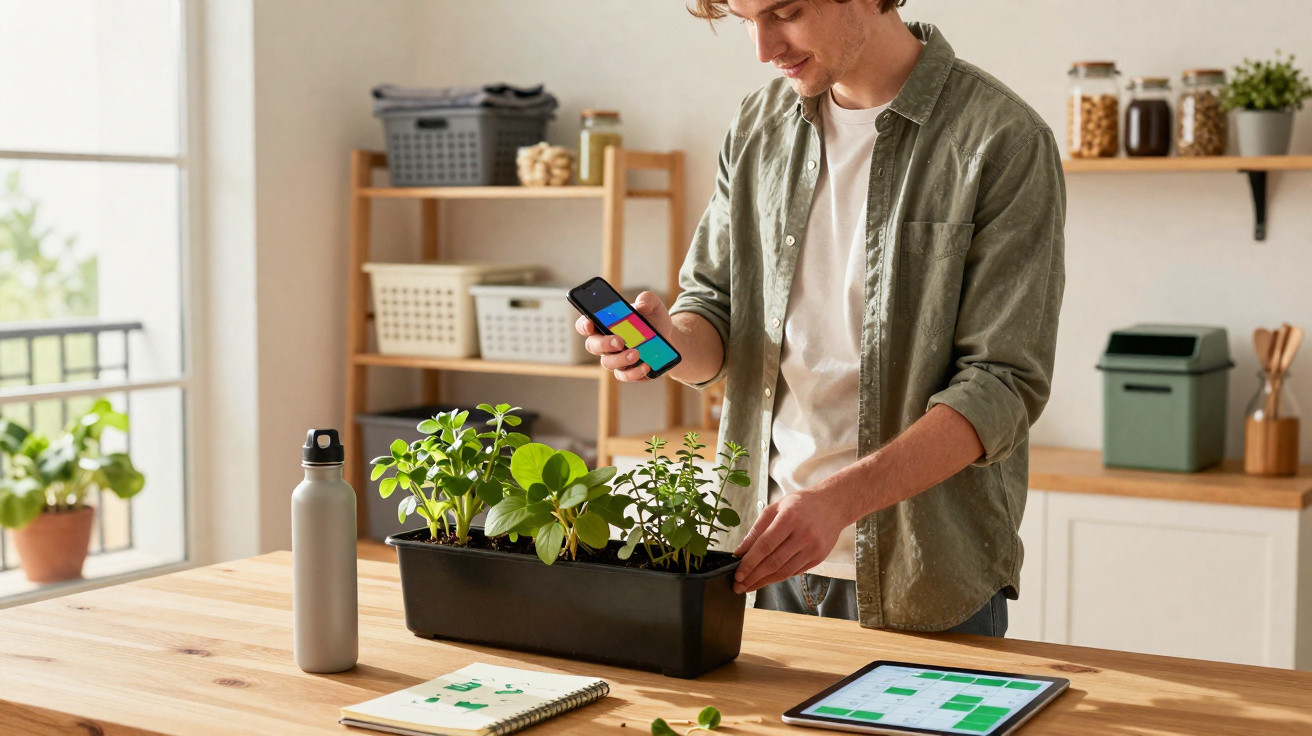 Homem jovem a cuidar de plantas numa jardinagem interior com smartphone e tablet numa cozinha moderna.