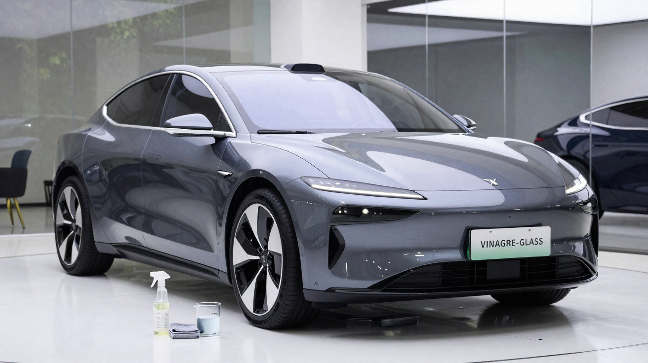 Carro elétrico cinzento estacionado num espaço interior moderno com spray e pano para limpeza no chão.