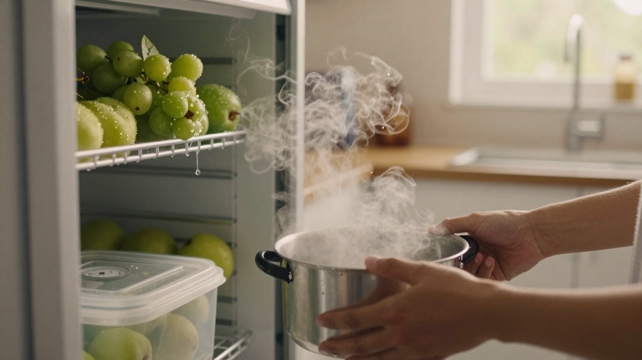 Mãos a colocar panela a fumegar dentro do frigorífico aberto com frutas verdes no interior.