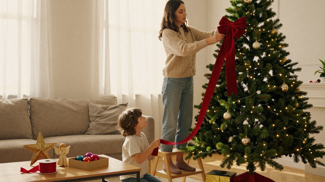 Mulher e criança a decorar árvore de Natal com fita vermelha e bolas douradas numa sala iluminada.
