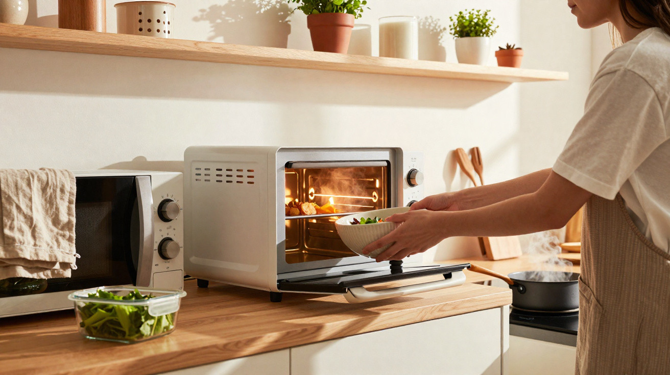 Pessoa a colocar uma taça com comida num forno elétrico numa cozinha moderna e luminosa.