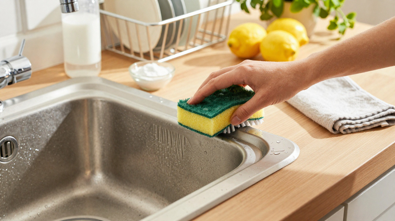 Mão a limpar cuba de inox com esponja amarela e verde numa bancada de cozinha com limões e pano.
