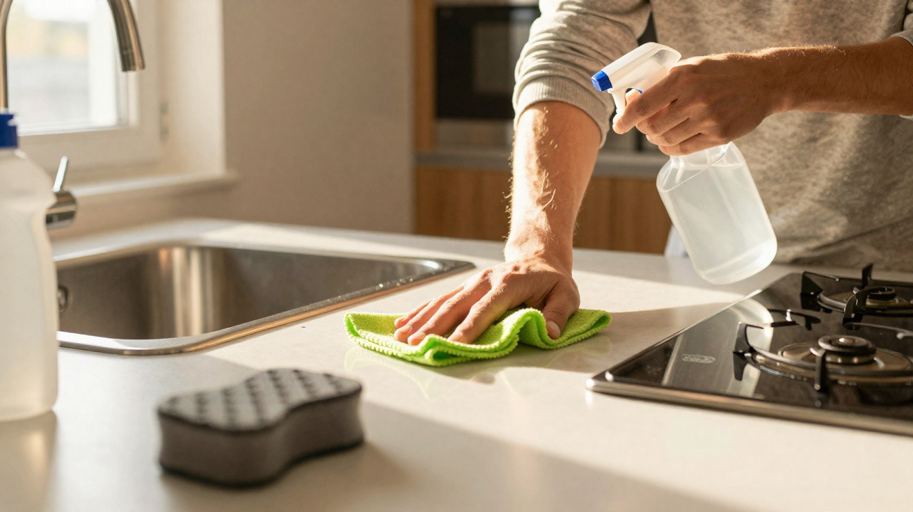 Pessoa a limpar bancada de cozinha com pano verde e pulverizador transparente.