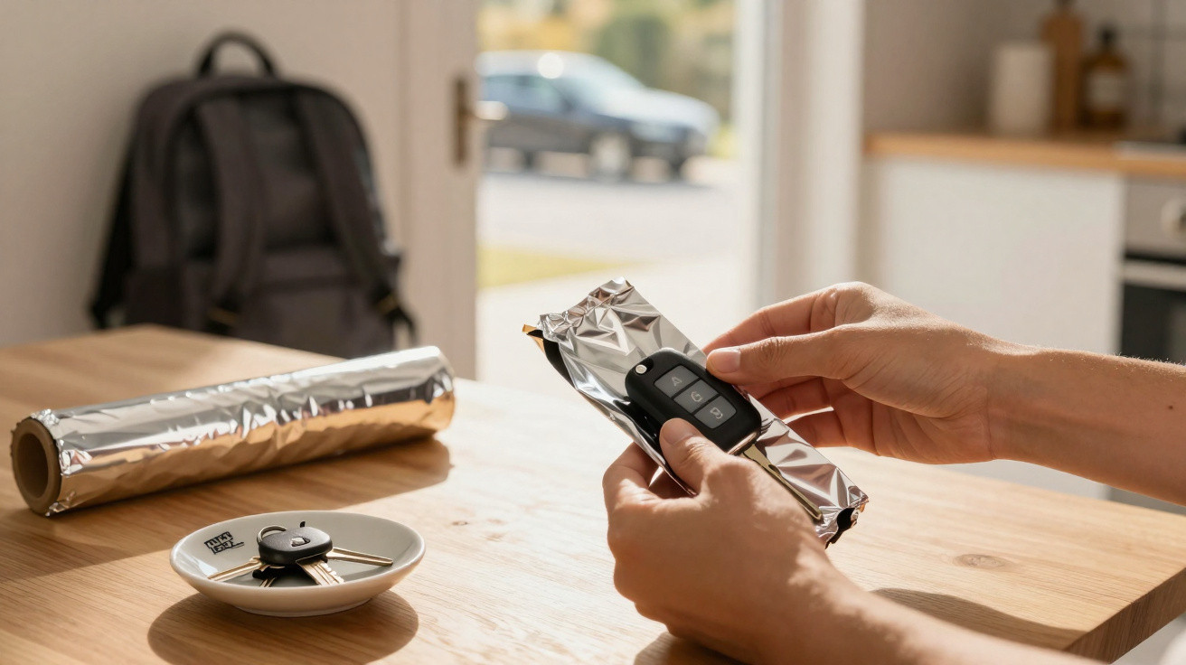 Mãos embrulhando chave de carro com folha de alumínio numa mesa de cozinha com chaveiro e rolo de alumínio.