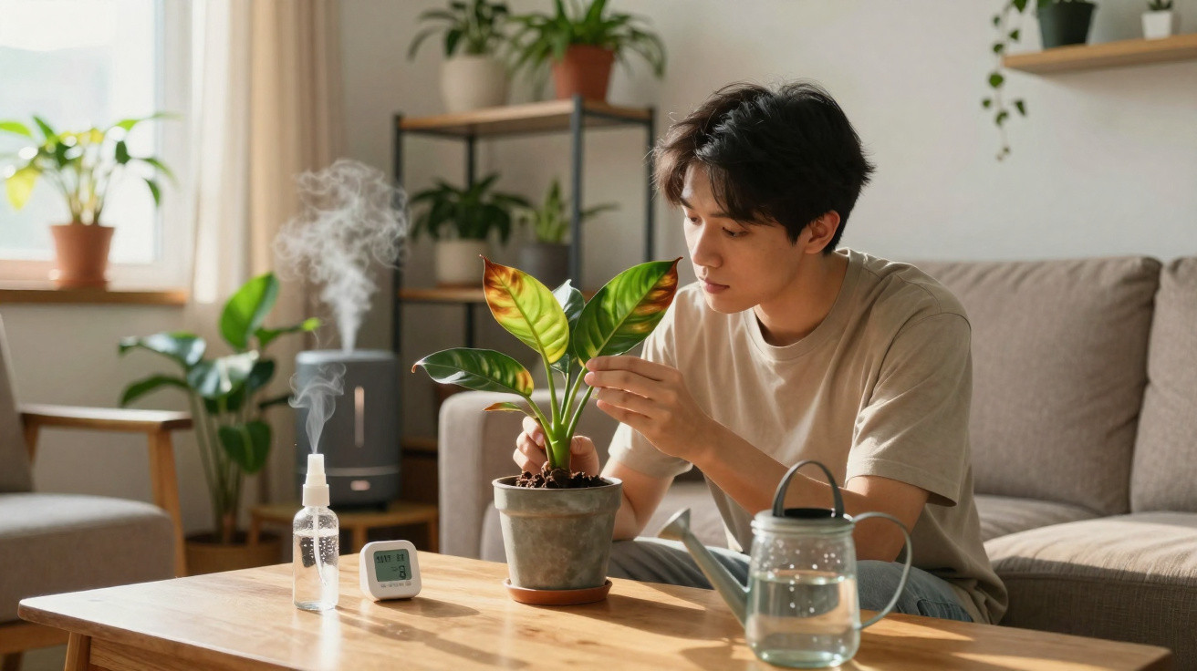 Jovem cuida de planta em vaso numa sala iluminada, com regador, atomizador e medidor de temperatura na mesa.