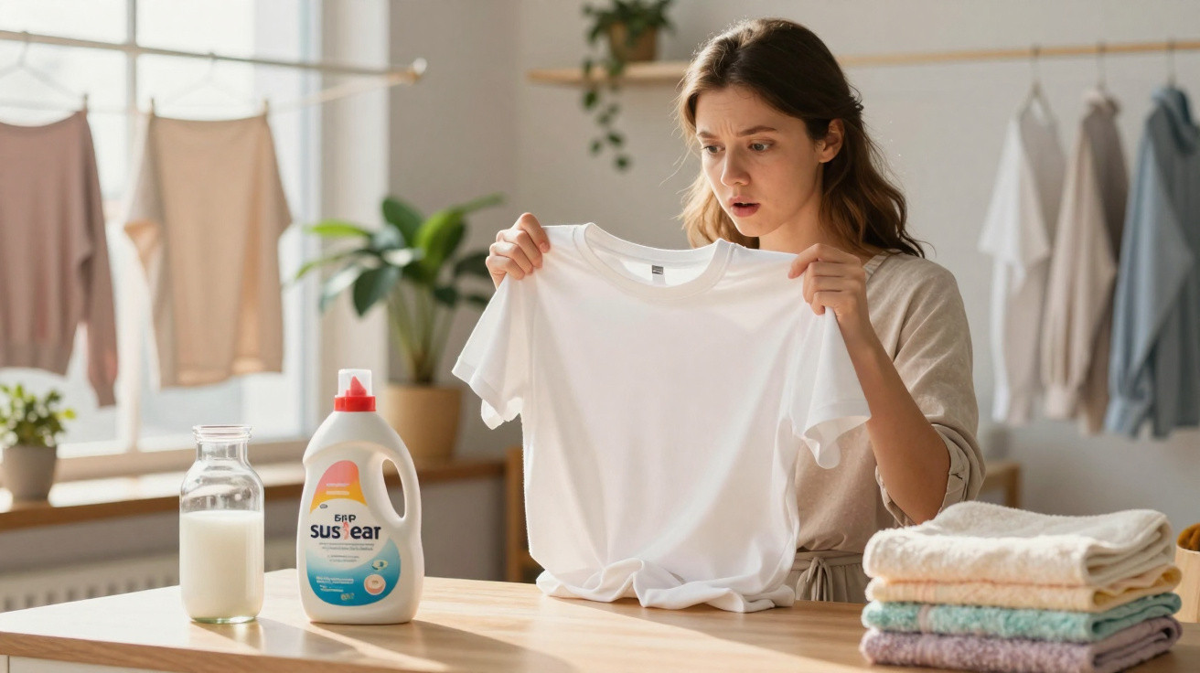 Mulher surpreendida a segurar uma t-shirt branca com manchas, ao lado de detergente e roupas dobradas numa mesa.