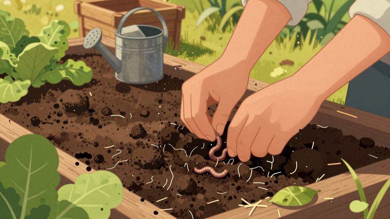 Mãos a colocar minhocas na terra de uma horta elevada com regador e plantas verdes ao redor.