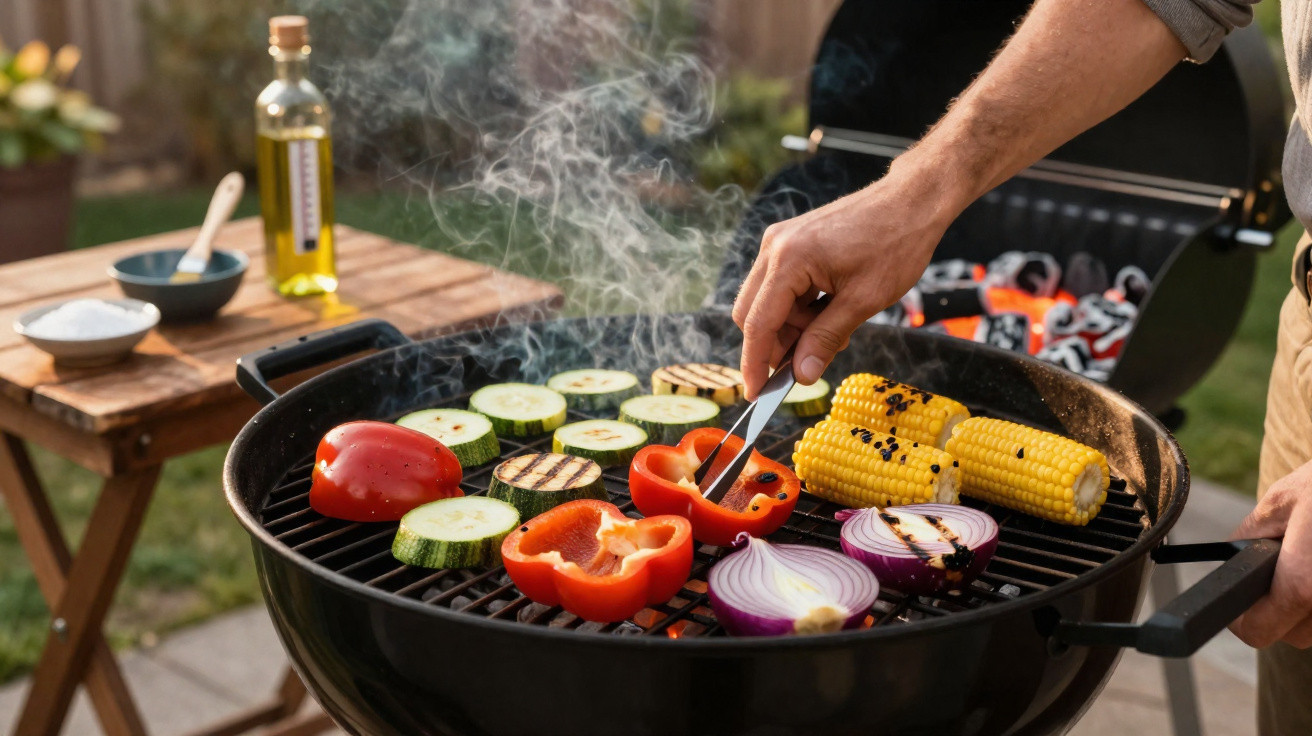 Mãos a grelhar legumes frescos como pimento, curgete, milho e cebola num churrasco ao ar livre.