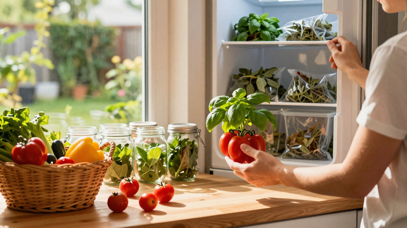Pessoa a guardar tomates com folhas de manjericão na porta de um frigorífico, ao lado de cesta com legumes e jarros.
