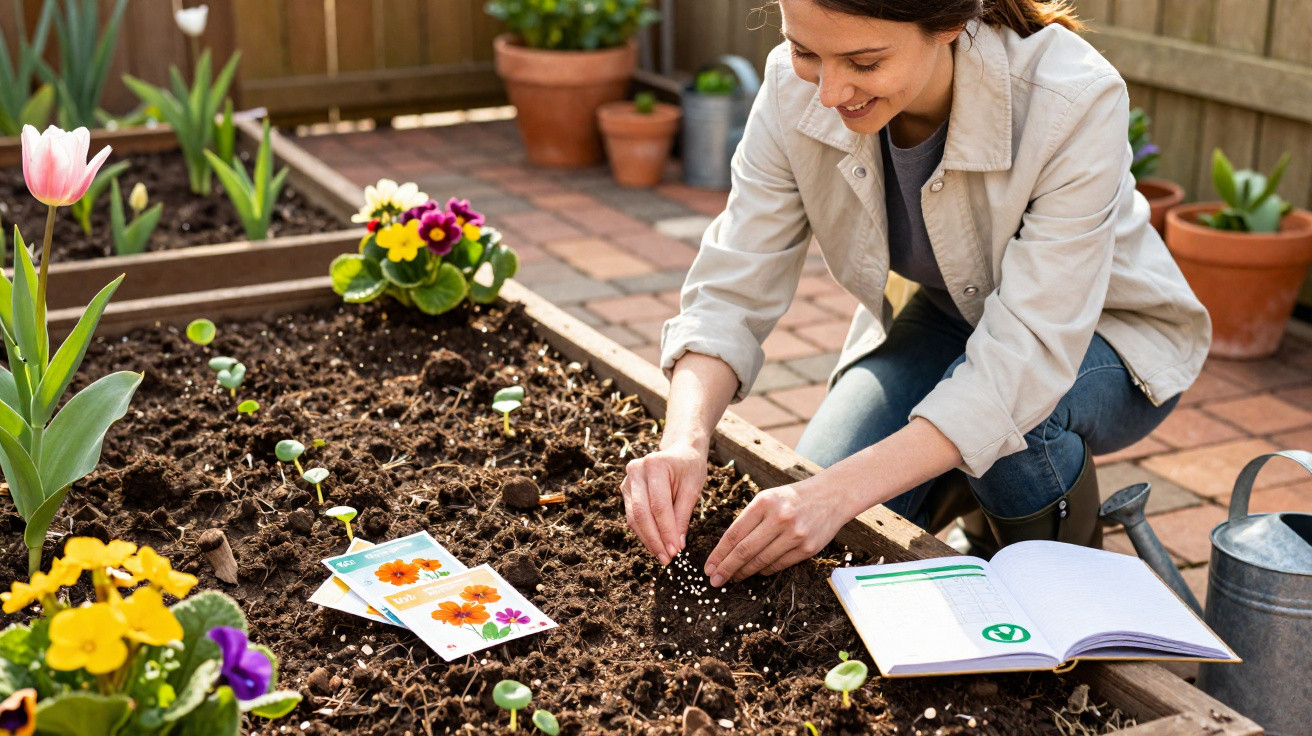Mulher a plantar sementes num canteiro, rodeada de flores e material de jardinagem ao ar livre.