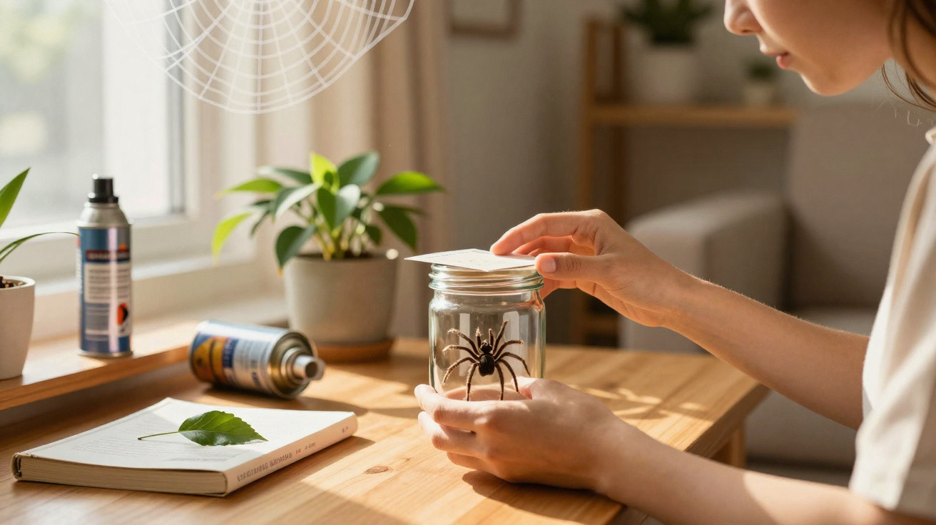 Pessoa a colocar um cartão num frasco com uma aranha de plástico em cima de mesa de madeira.