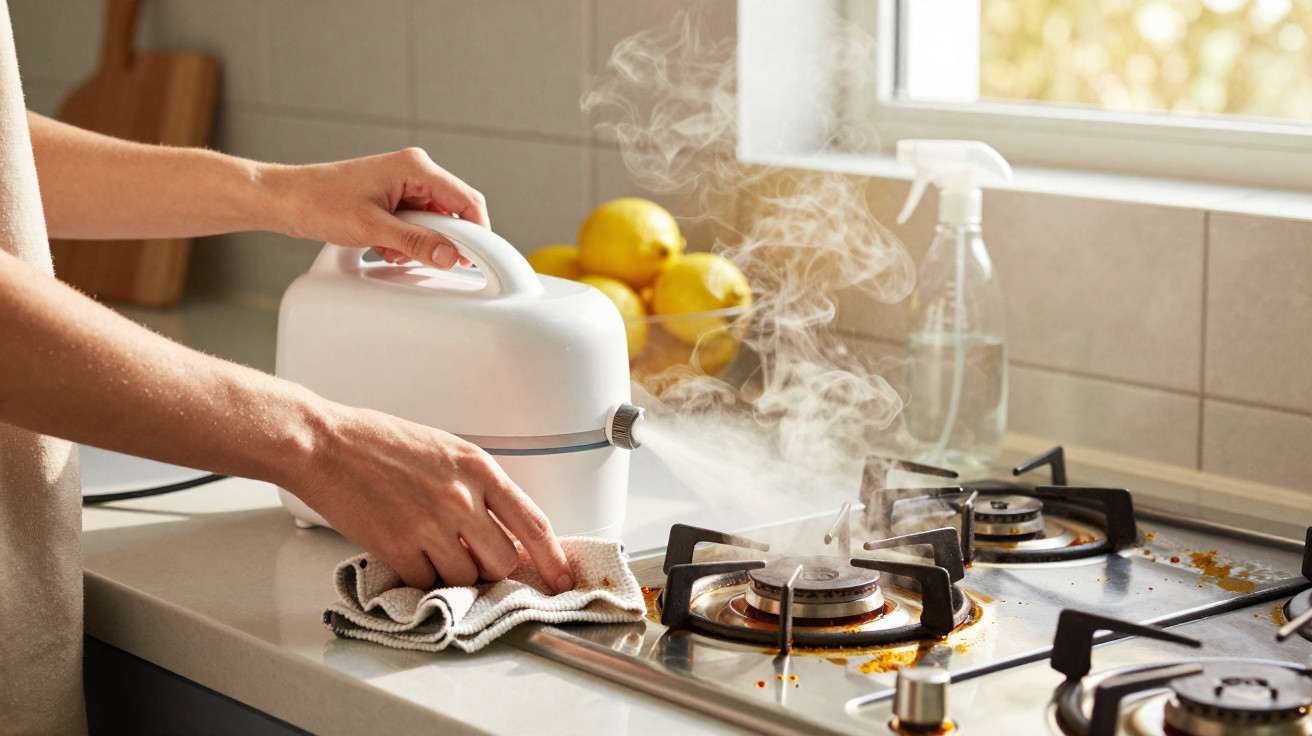 Pessoa a limpar fogão a gás com aparelho de vapor numa cozinha iluminada por luz natural.