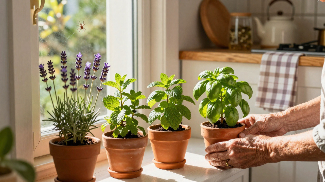 Vaso com plantas aromáticas num parapeito de janela com luz natural e mãos a mexer num vaso.