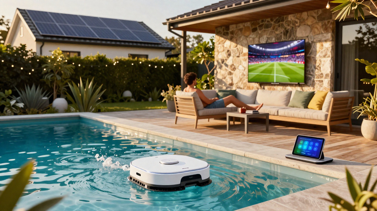 Robô aspiração a limpar uma piscina exterior enquanto uma pessoa assiste a futebol numa televisão numa varanda.