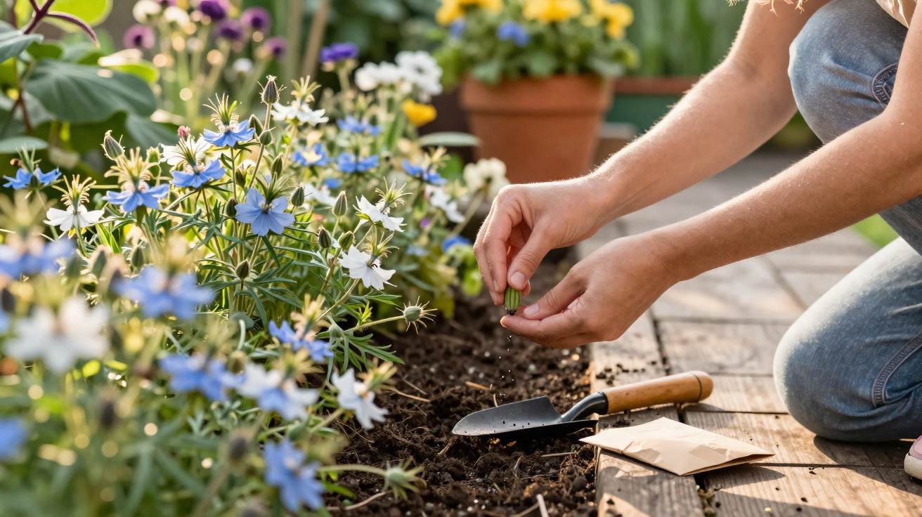 Mãos a plantar sementes em terra num jardim com flores azuis e brancas e pequena enxada ao lado.