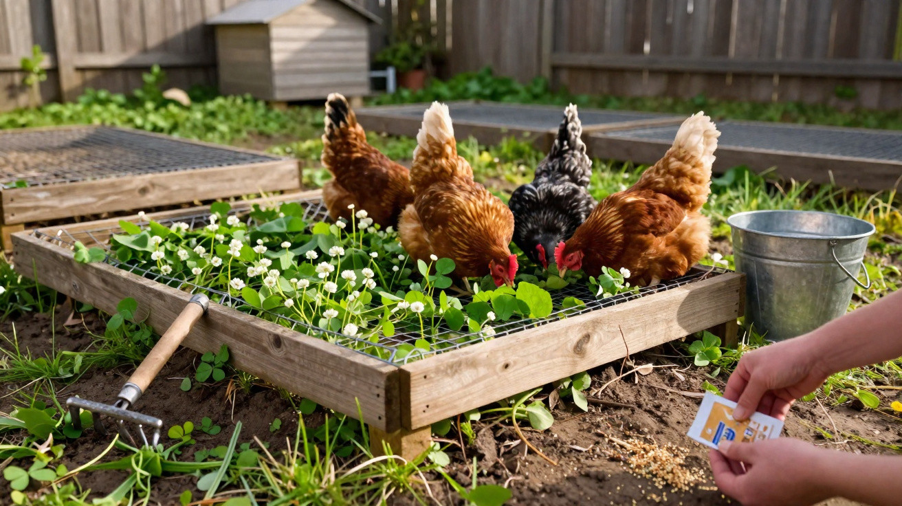 Galinha a ciscar plantas num canteiro com mãos a espalhar comida.