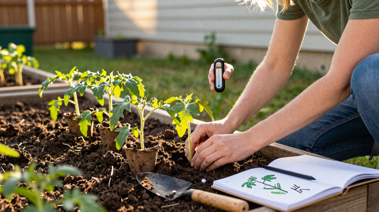 Pessoa a cultivar tomates, a medir o solo e a fazer anotações num caderno num canteiro de jardim.