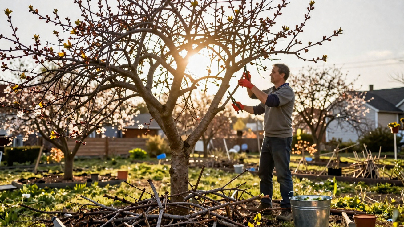 Homem poda árvore com tesoura de jardim num pomar ao entardecer com casas ao fundo.