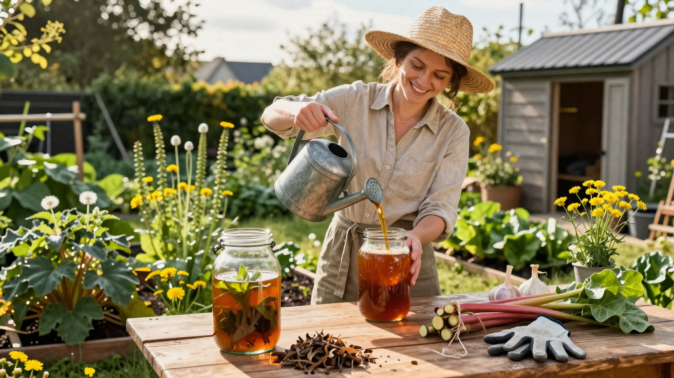 Mulher sorridente a despejar chá de ervas num frasco num jardim cheio de plantas e flores.