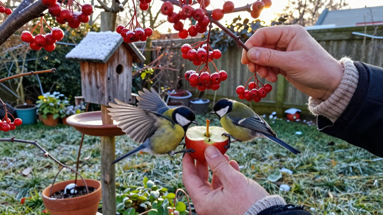 Mãos seguram maçã com dois tentilhões a comer, árvore com bagas vermelhas e casa de aves coberta de geada.